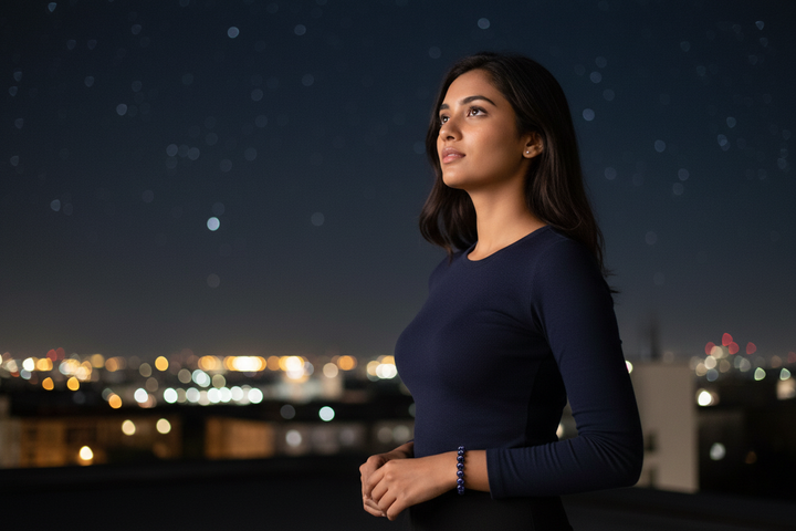 Blue Goldstone bracelet hero - South Asian woman on rooftop at night, starry beads catching light, refined 8mm