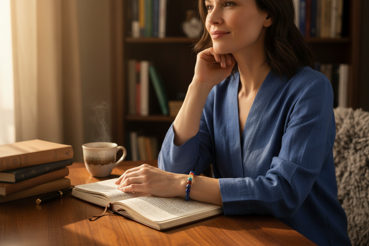 Woman at wooden desk in deep thoughtful reflection wearing Lapis Lazuli Chakra bracelet
