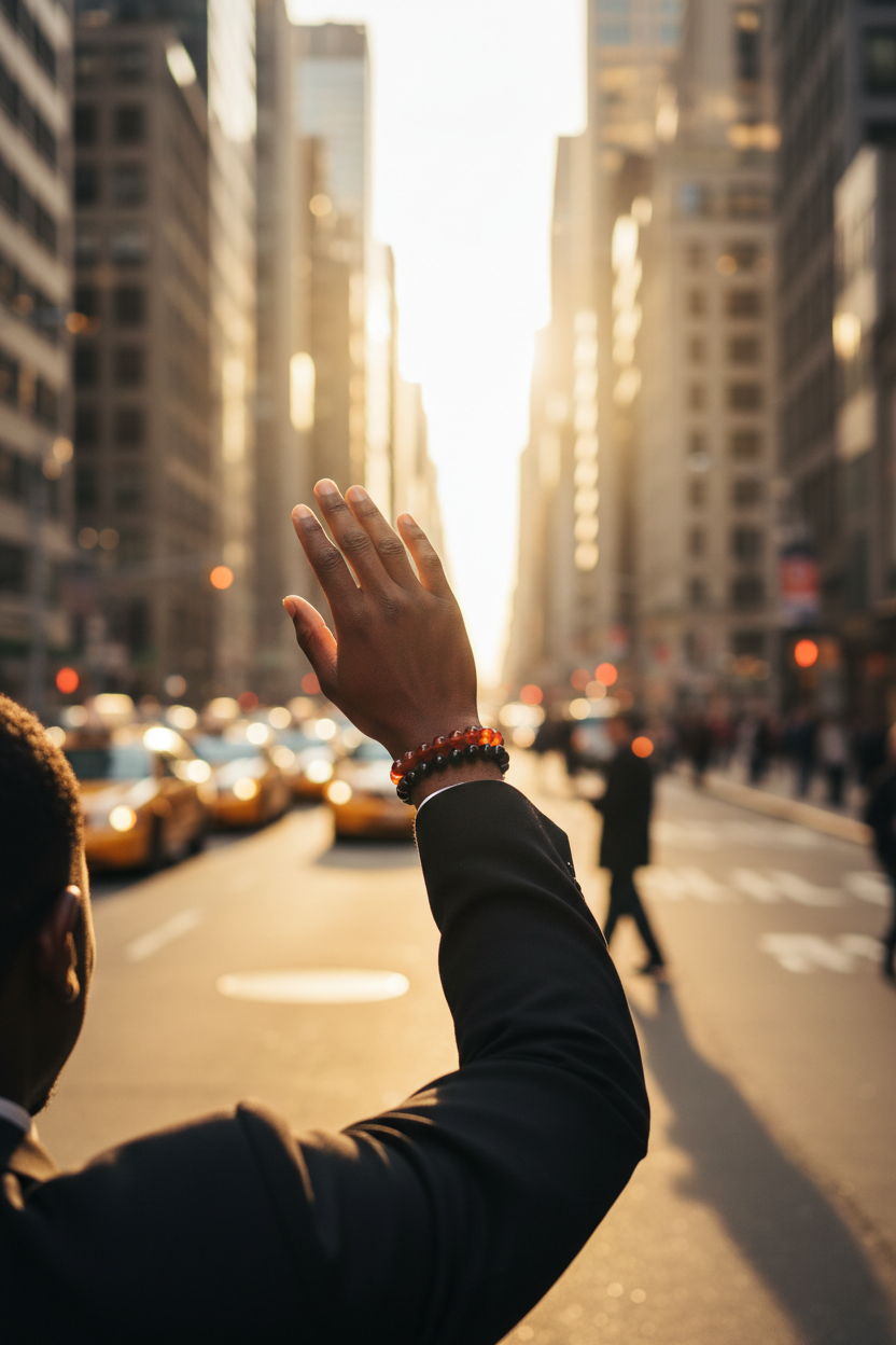 Carnelian and Black Obsidian bracelets on Black man hailing cab in city at golden hour