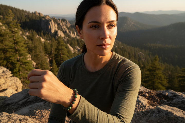 Woman on rugged trail pausing with calm determined conviction wearing deep green and red Dragon Blood Jasper bracelet