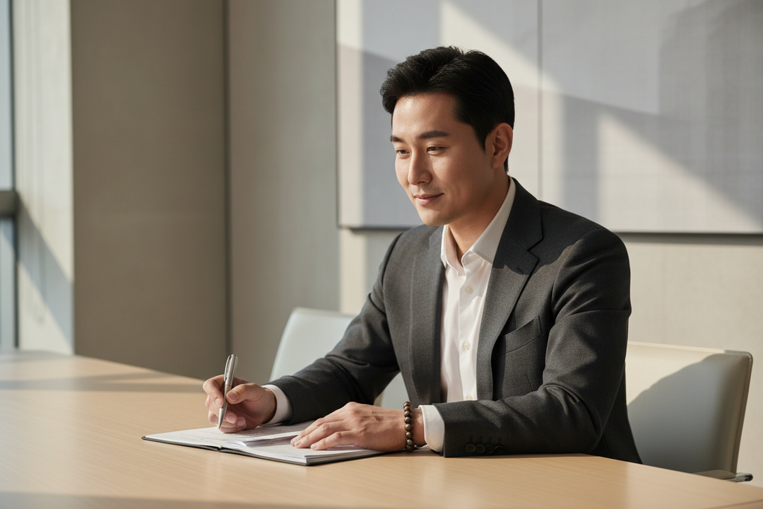 Bronzite bracelet hero - Korean man at boardroom table with calm confidence