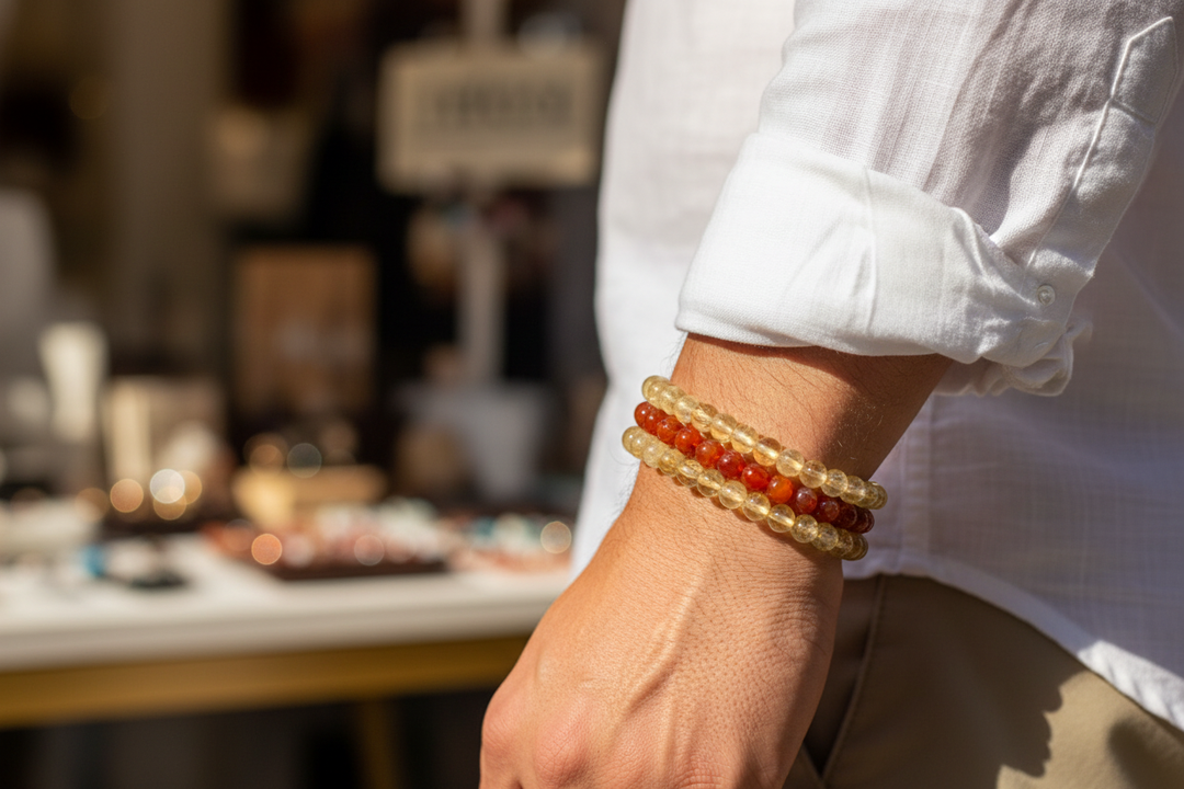 Citrine stacked with Carnelian - Brazilian man at sunny market stall