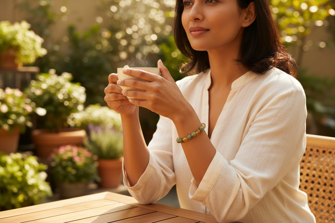 Jade &amp; Citrine bracelet hero lifestyle shot - woman at sunlit garden café