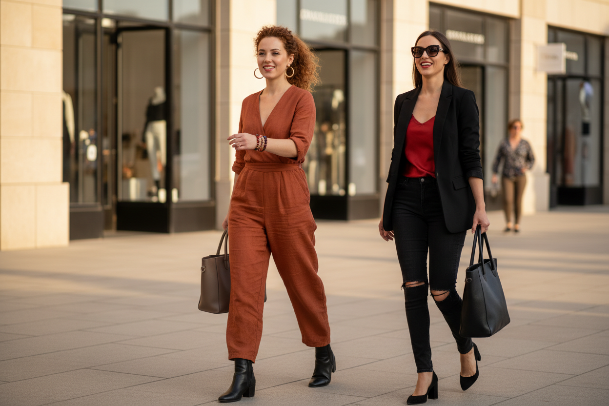 Two women striding confidently through sunlit city, Red Agate stacked with Carnelian and Black Tourmaline