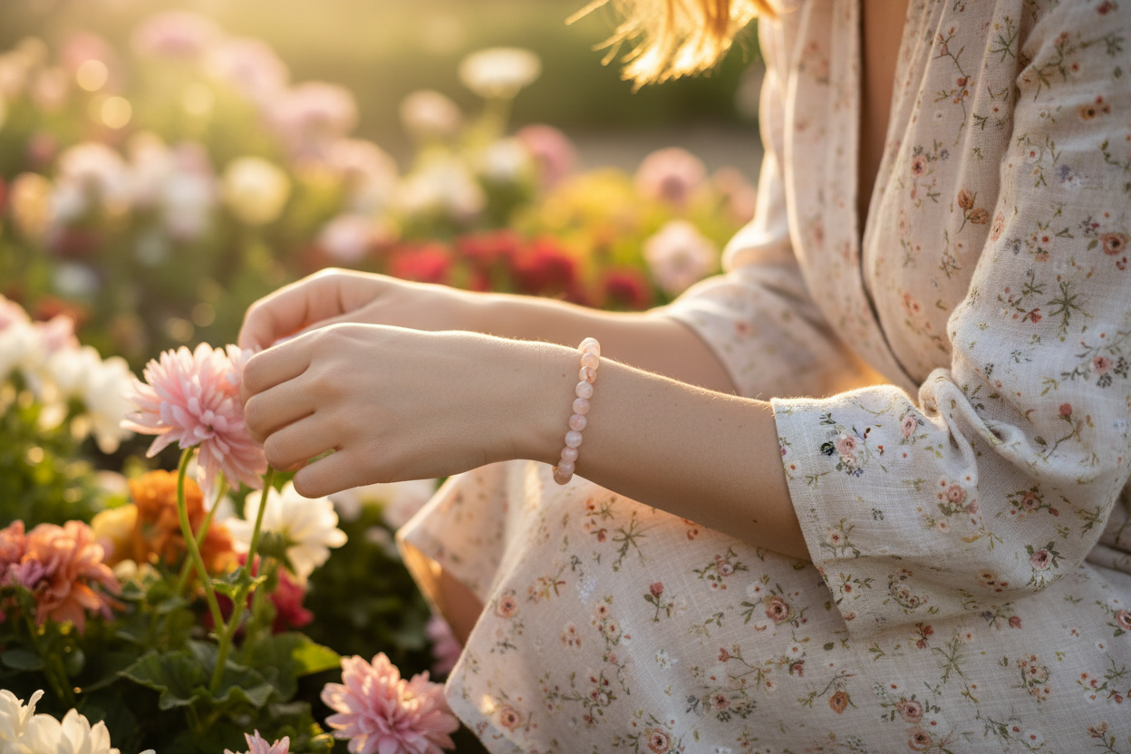 Flower Agate bracelet hero - white woman tending flower garden, refined 6-8mm beads