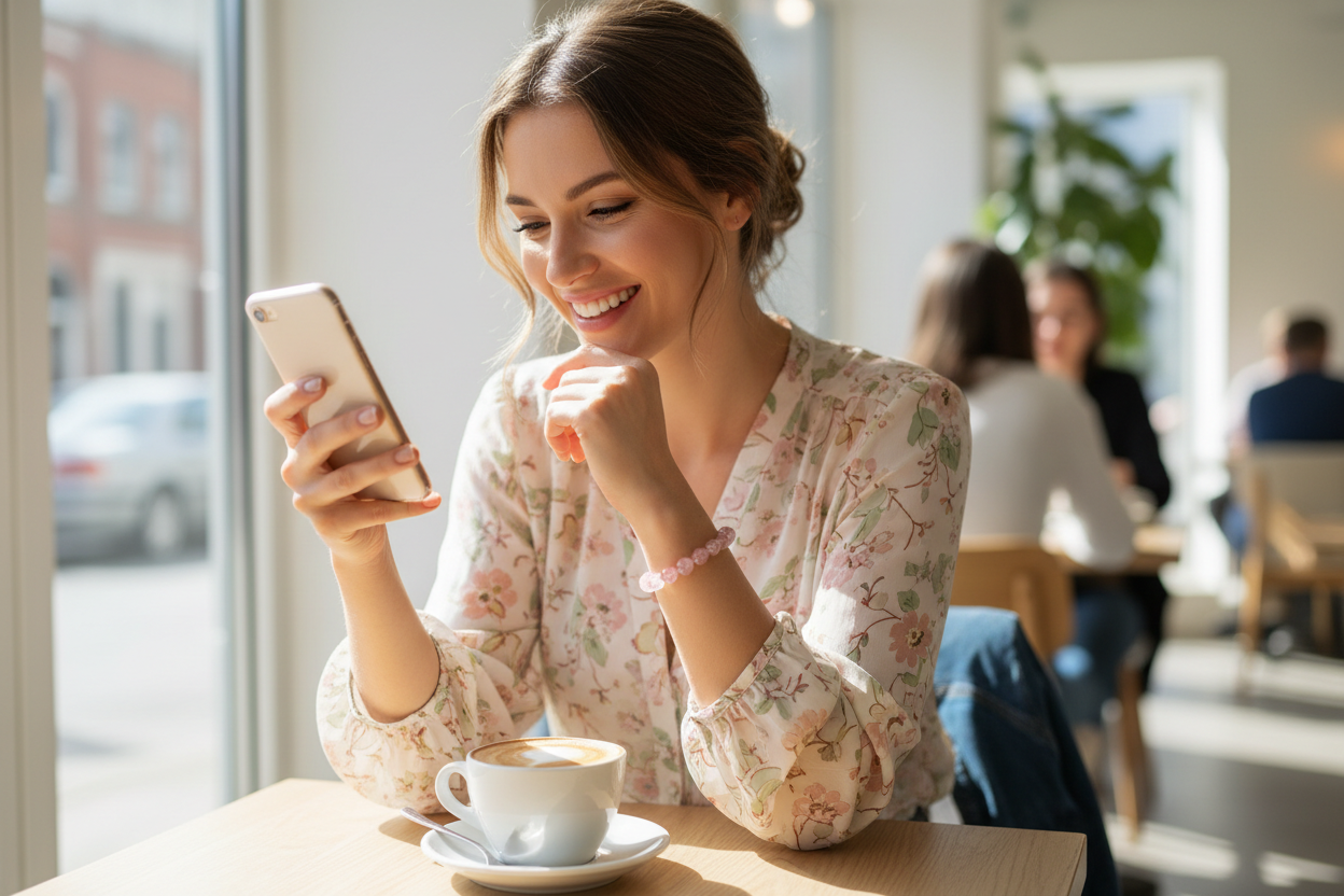 Strawberry Quartz bracelet hero - woman at bright café with latte