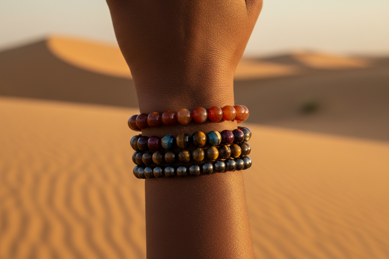 Multi-Color Tiger Eye bracelet stacked with Hematite and Carnelian on African skin in Sahara desert