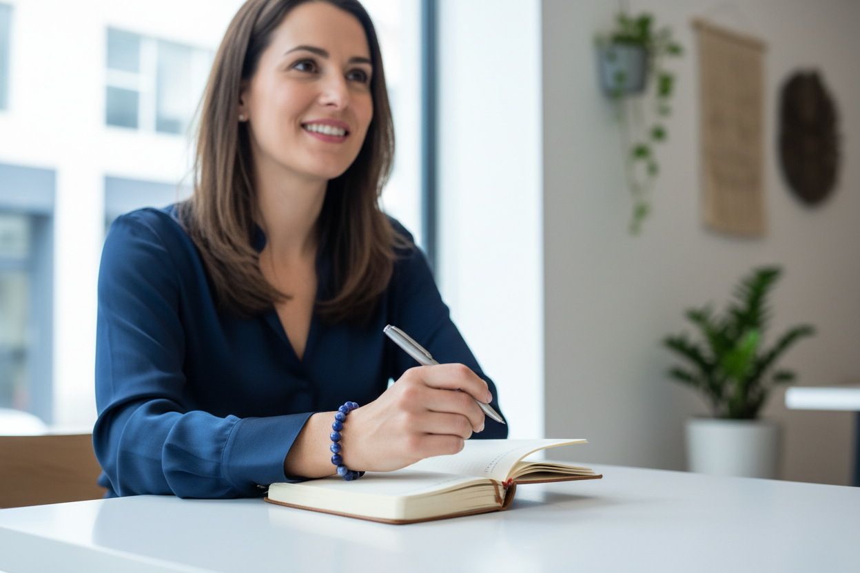 Woman at bright desk with pen and journal looking up with calm clear confidence wearing deep blue Sodalite bracelet
