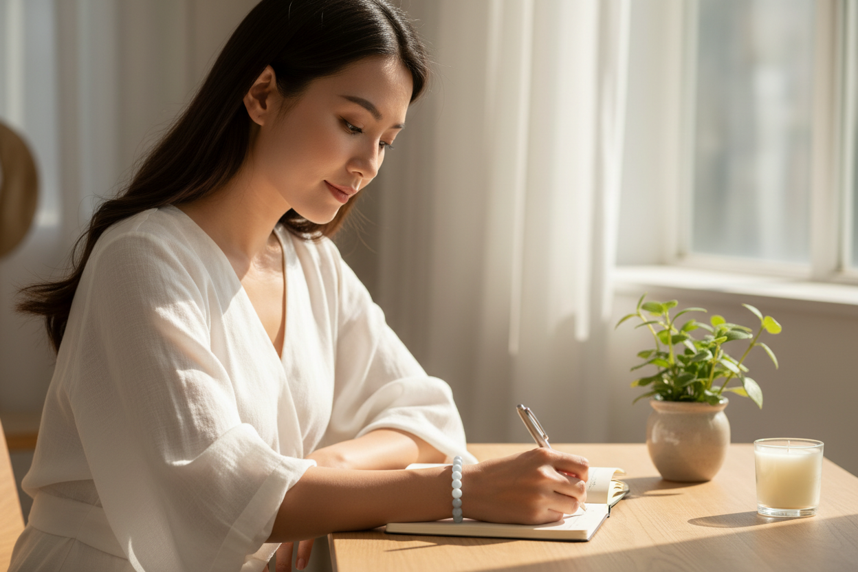 Angelite bracelet hero - Vietnamese woman journaling at desk by window