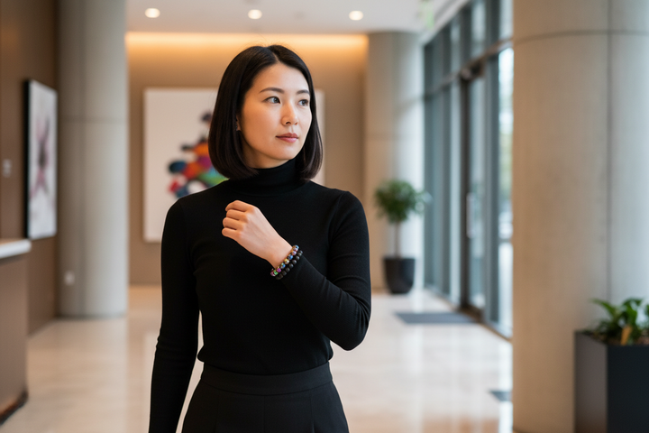 Titanium Hematite stacked with Black Tourmaline - Japanese woman in modern lobby, refined 8mm beads