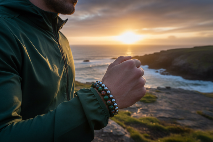Bloodstone stacked with Hematite - Irish man running along coastal path at sunrise