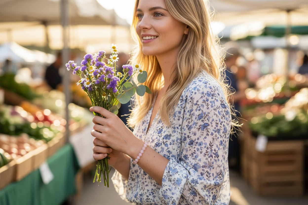 Strawberry Quartz bracelet lifestyle - woman at sunny farmers market with wildflowers