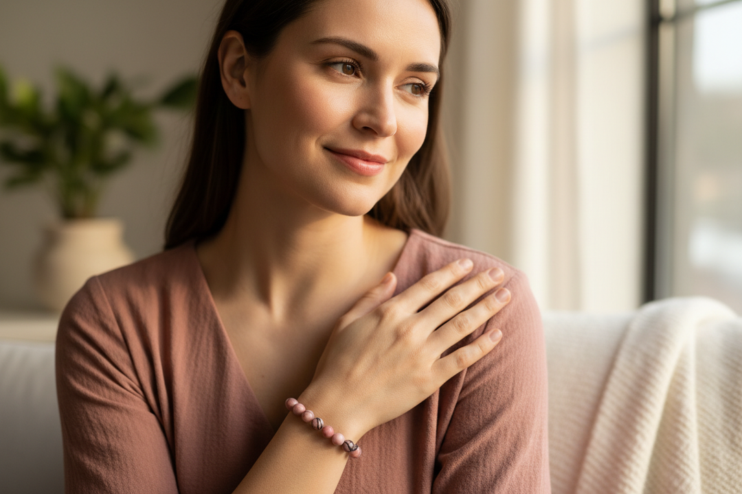 Woman by window with hand over heart in tender self-compassion wearing pink and black veined Rhodonite bracelet