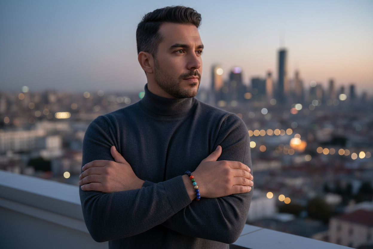 Black Onyx Chakra bracelet hero - Middle Eastern man on rooftop at dusk