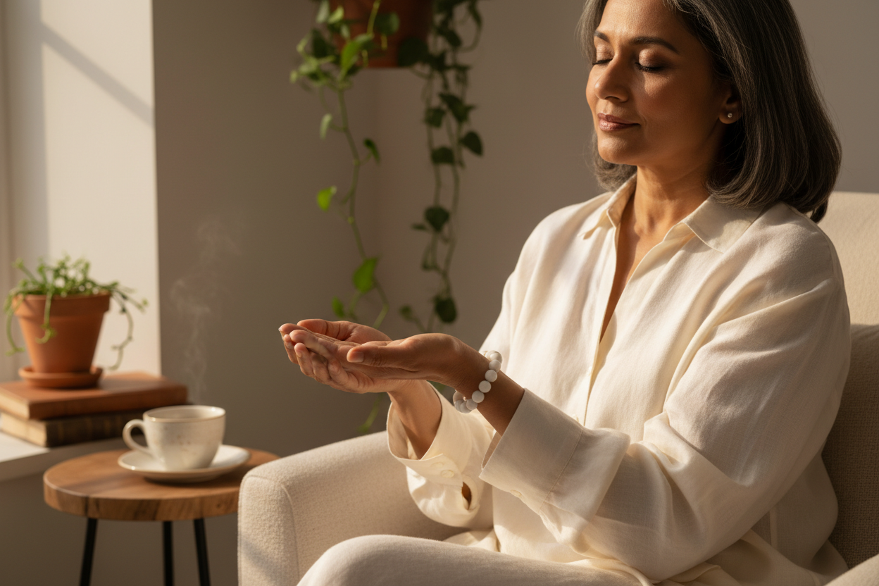White Howlite bracelet hero - older South Asian woman in sunlit reading nook