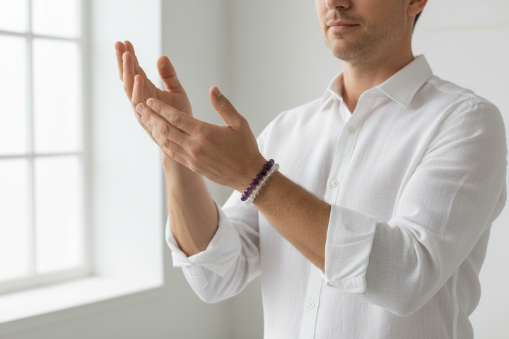 Clear Quartz stacked with Amethyst - white man in bright minimalist studio