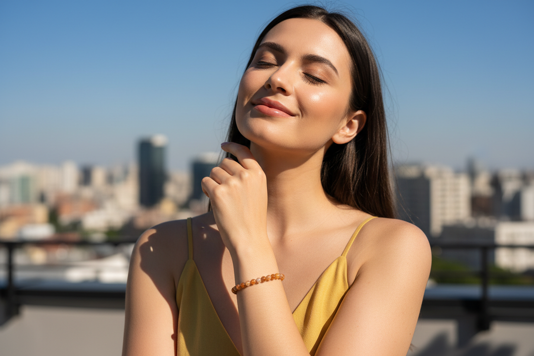 Woman on sunny rooftop wearing Sunstone bracelet, face tilted toward the sun