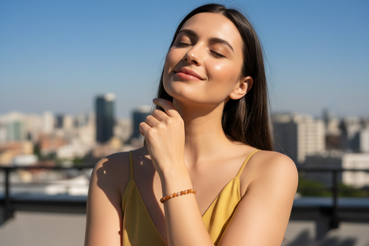 Woman on sunny rooftop wearing Sunstone bracelet, face tilted toward the sun