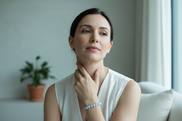 Woman in serene space with hand at throat in peaceful ease wearing soft pale blue and white banded Blue Lace Agate bracelet