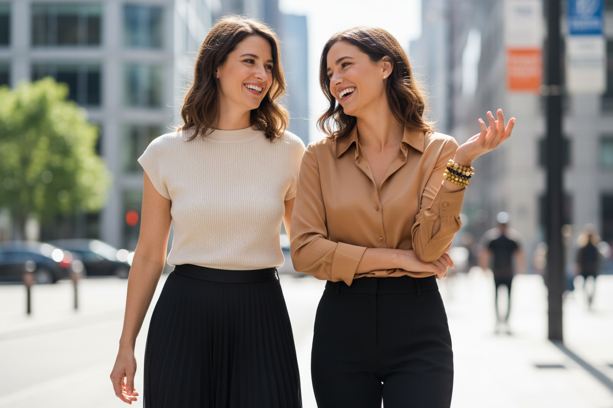 Two women on city street, Pi Yao & Obsidian stacked with Citrine and Tiger Eye