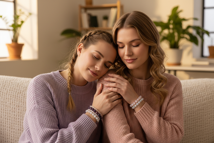 Two women on cozy sofa in tender moment, Unicorn Stone stacked with Rose Quartz and Moonstone