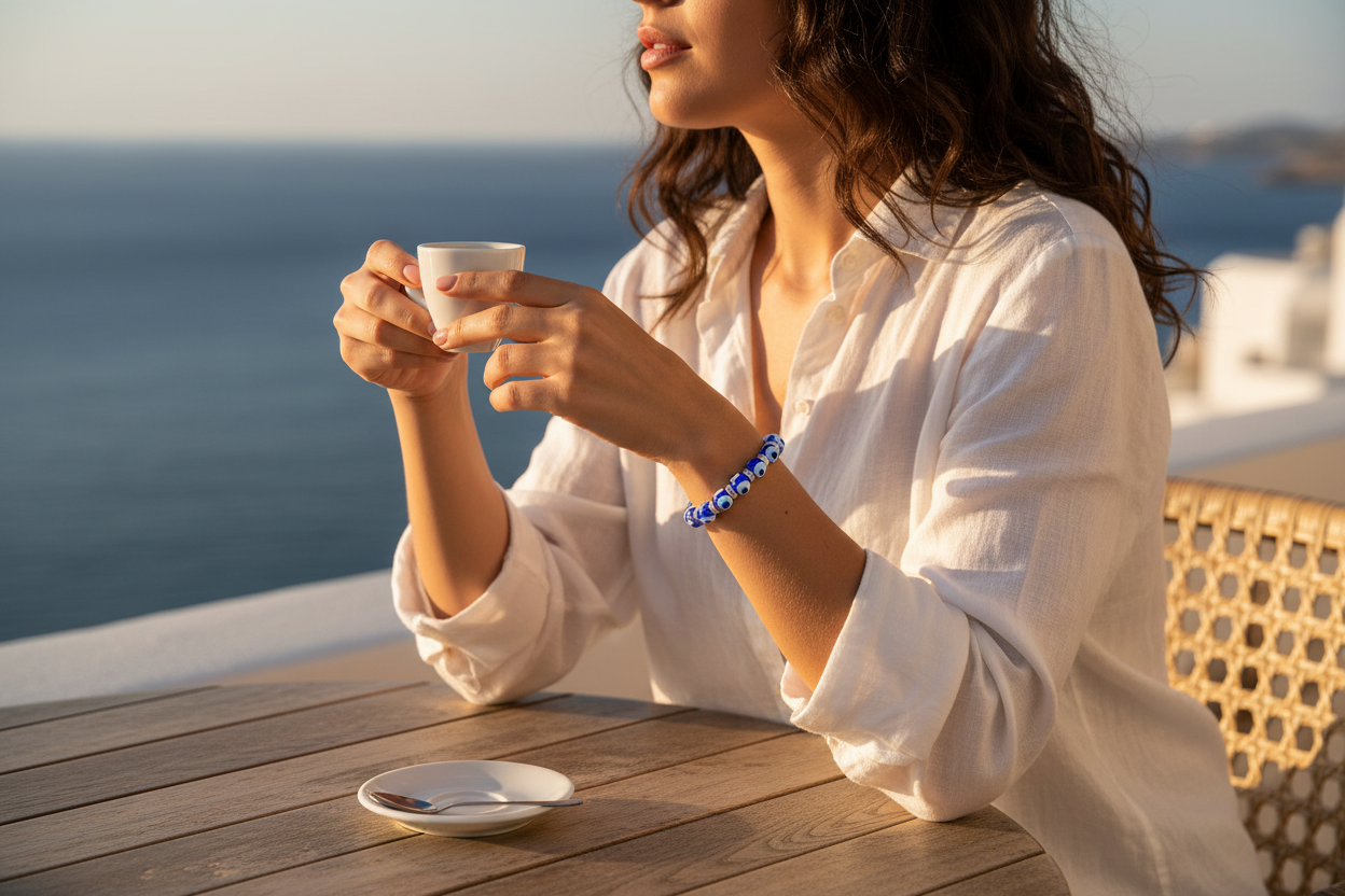 Evil Eye bracelet hero - Mediterranean woman at sunlit coastal café, cobalt blue evil eye beads with CZ spacers