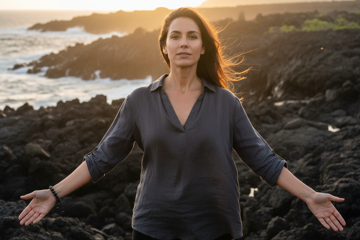Woman at dramatic rocky shoreline with calm fierce determination wearing matte black porous Lava Stone bracelet