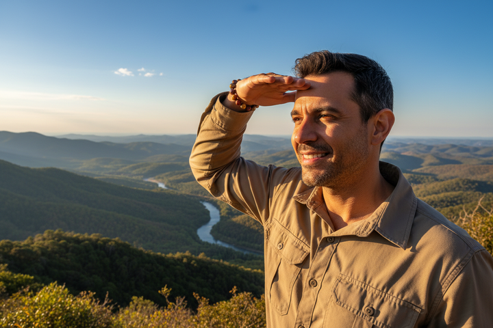 Mookaite bracelet hero - Brazilian man at scenic hiking overlook