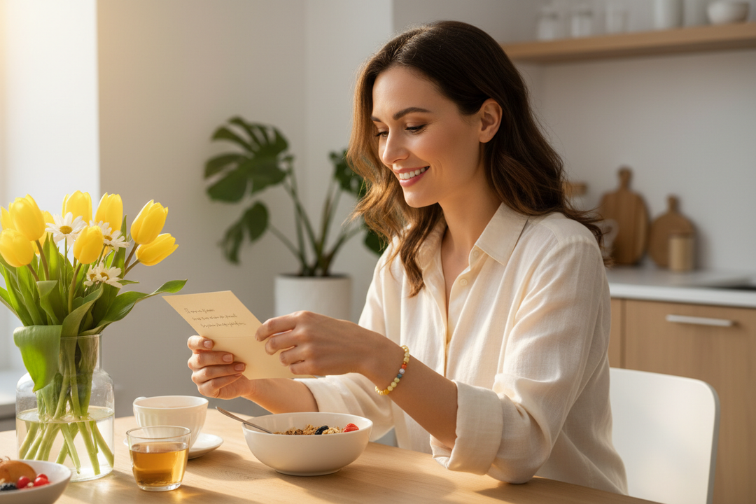 Woman at sunny breakfast table opening card with joy wearing Yellow Jade Chakra bracelet