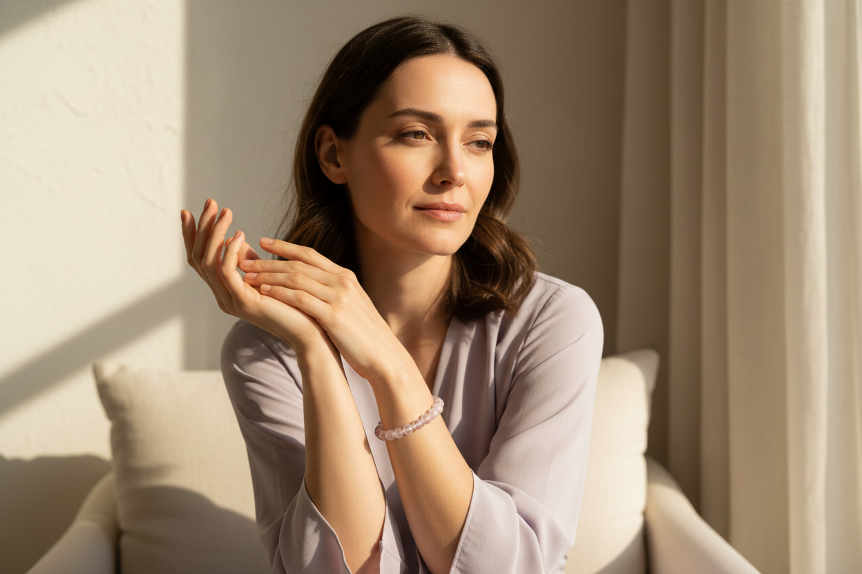 Woman with hands open in tender emotional openness wearing soft pink-lilac Kunzite bracelet