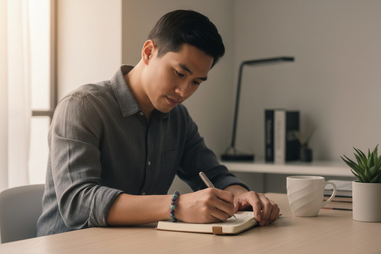Fluorite bracelet hero - Southeast Asian man focused at home office desk