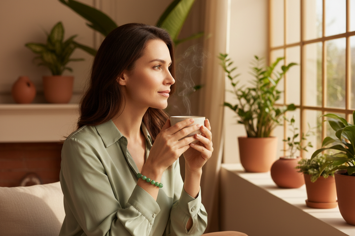 Woman in serene elegant interior holding tea wearing Jade bracelet with gold spacers