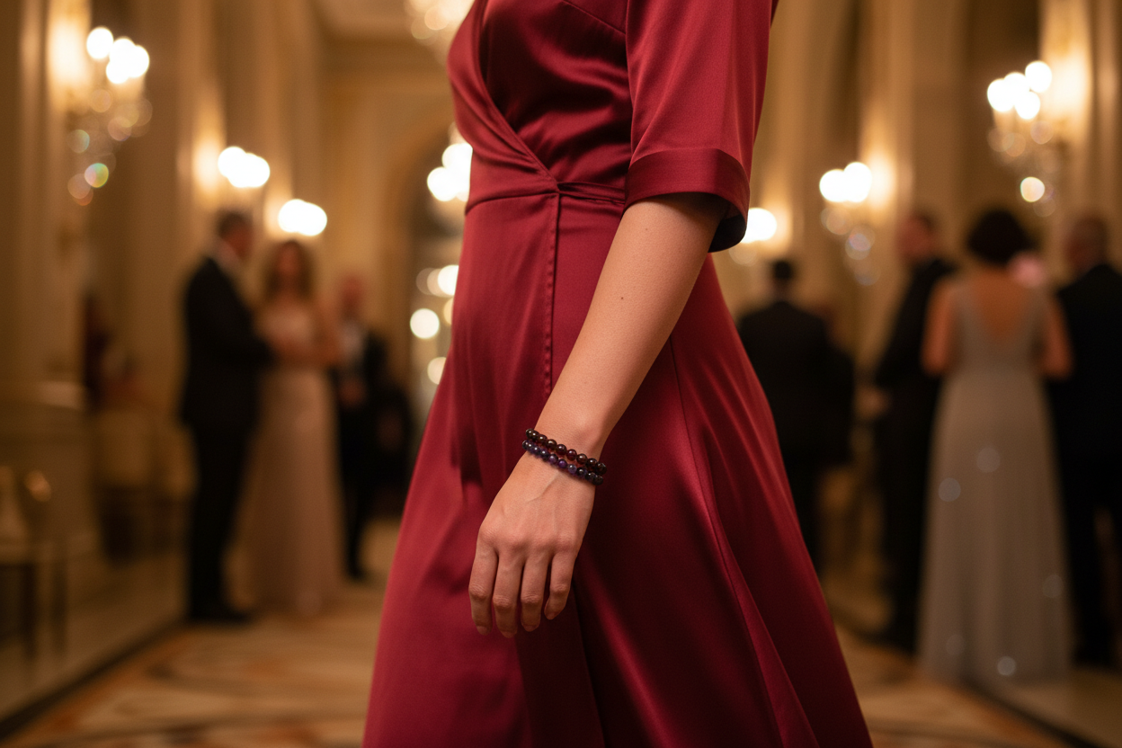 Garnet stacked with Amethyst - Colombian woman entering glamorous evening event