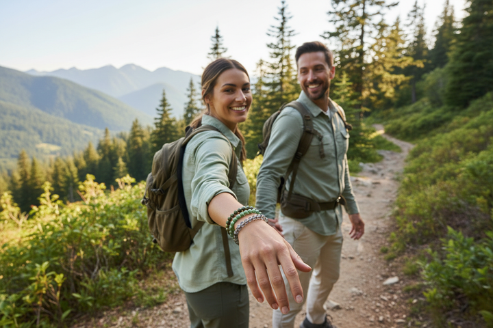 Couple hiking, Rainforest Rhyolite stacked with Green Aventurine and Smoky Quartz