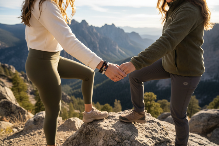 Two women hiking, Lava Chakra stacked with Black Tourmaline and Clear Quartz