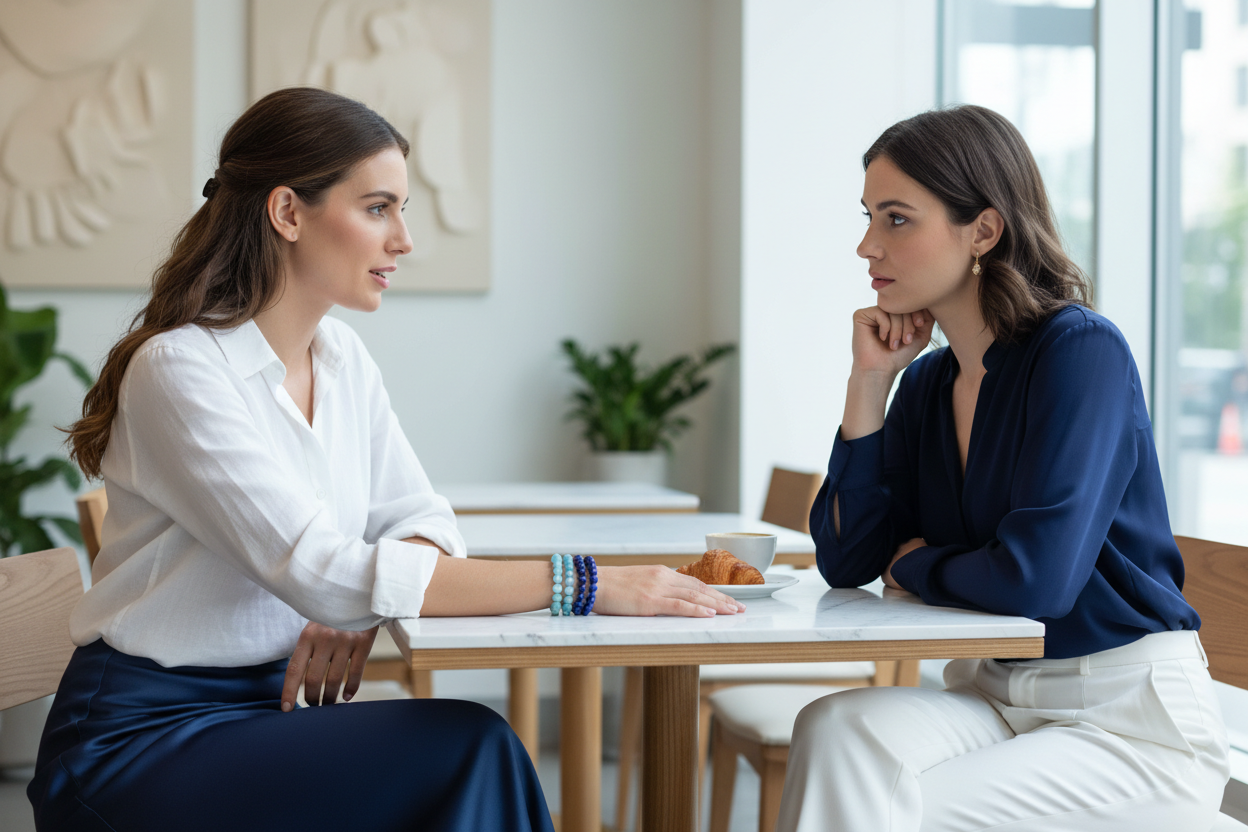 Two women in calm focused café conversation, Sodalite stacked with Lapis Lazuli and Aquamarine