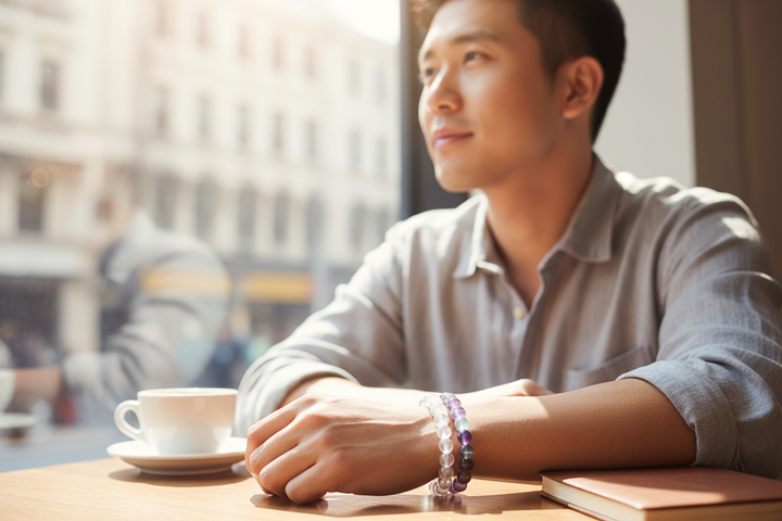 Fluorite stacked with Clear Quartz - Southeast Asian man relaxed at café