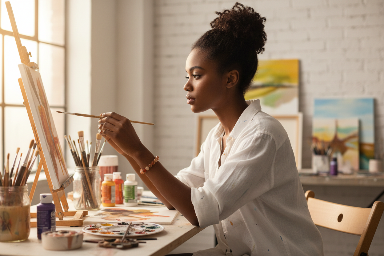 Carnelian bracelet hero - Black woman at art studio desk with paintbrush