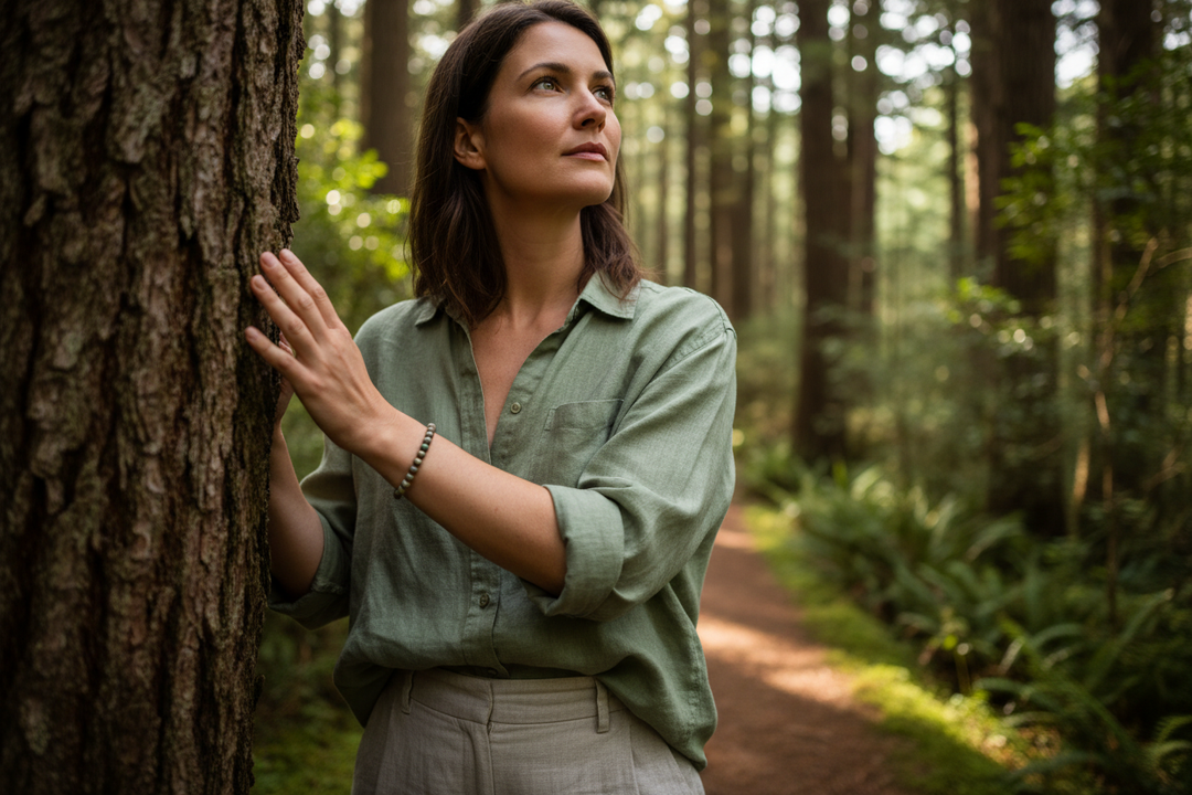 Woman on forest trail touching tree wearing Rainforest Rhyolite bracelet