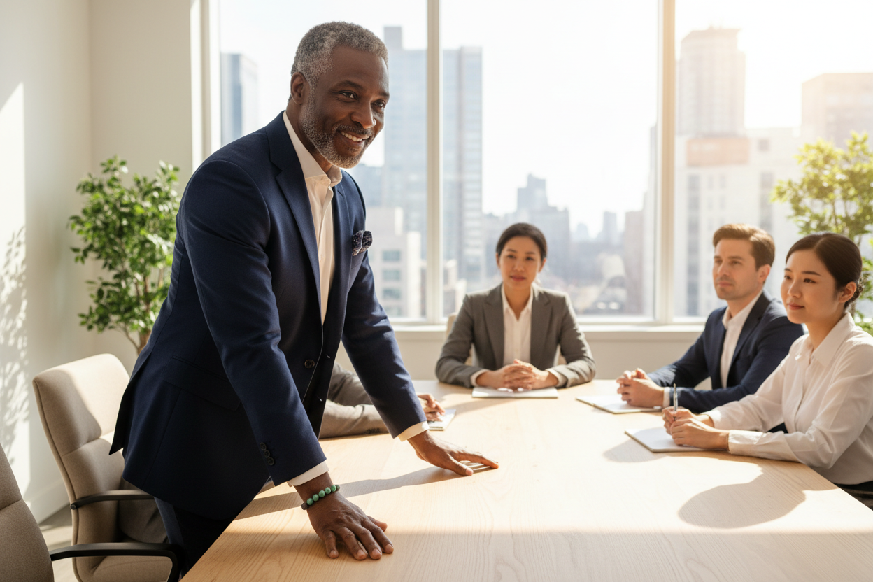 Aventurine Chakra bracelet hero - older Black man leading meeting in navy blazer