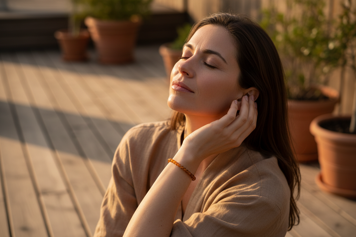 Woman on warm wooden deck at golden hour face tilted toward sun in peaceful release wearing warm honey Amber bracelet