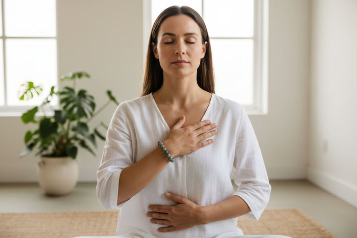 Woman in deep breathwork posture with profound inner stillness wearing muted grey-green Serpentine bracelet Pantone 19-5513