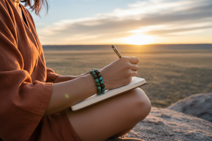 African Turquoise stacked with Labradorite - Native American woman journaling at golden hour