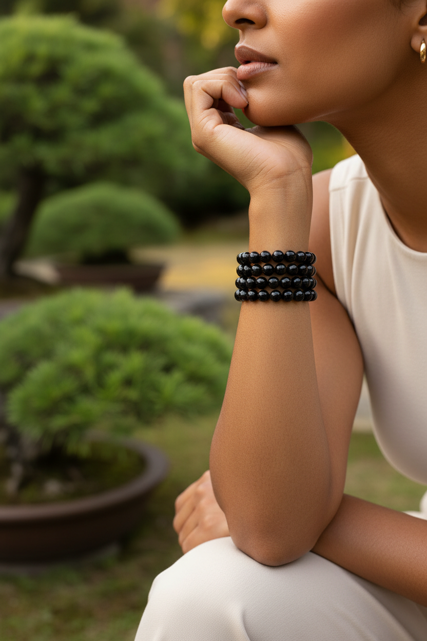Black Obsidian bracelets stacked on South Asian skin in Japanese bonsai garden setting
