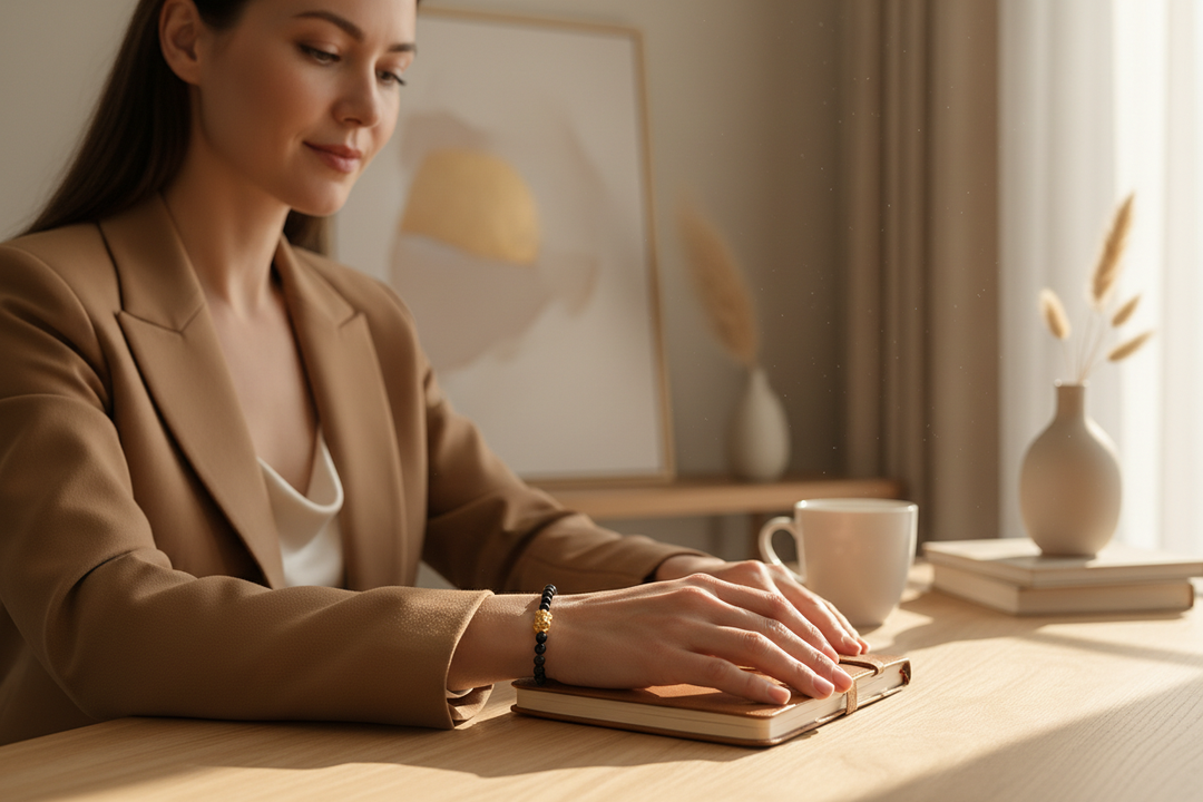Woman at elegant desk wearing Pi Yao &amp; Obsidian bracelet with gold charm