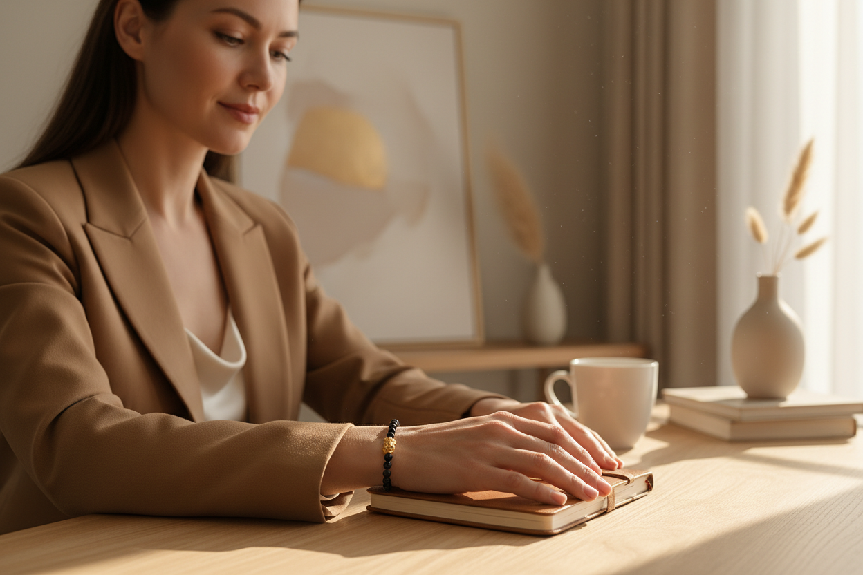 Woman at elegant desk wearing Pi Yao & Obsidian bracelet with gold charm