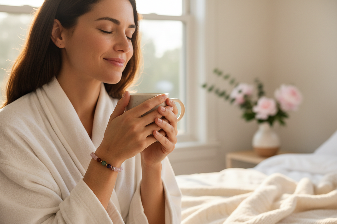 Woman in cozy morning self-care moment wearing Rose Quartz Chakra bracelet with rainbow beads