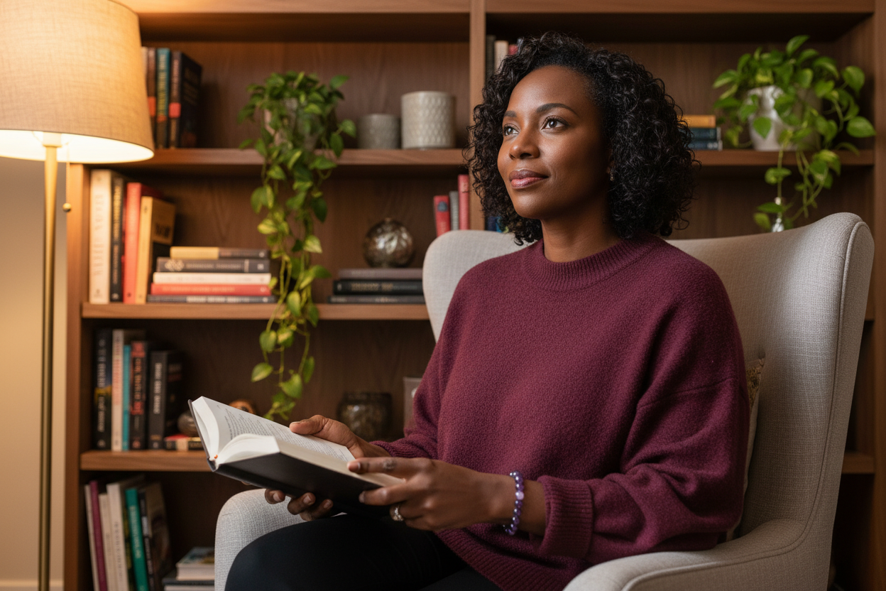 Amethyst bracelet hero - Black woman reading in cozy nook, refined 6-8mm beads