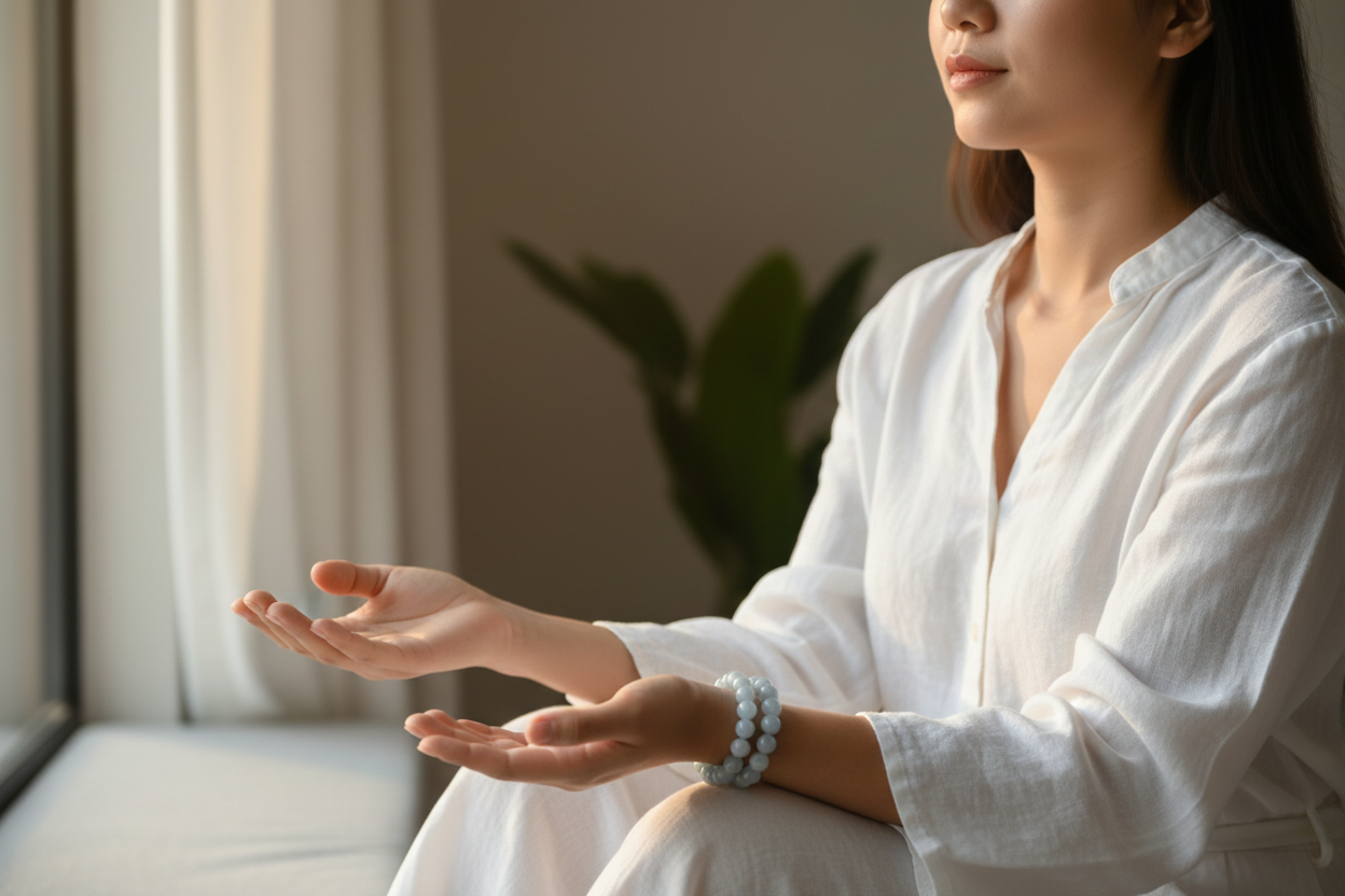 Angelite stacked with Celestite - Vietnamese woman meditating in window seat