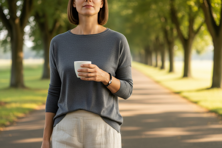 Woman on morning walk wearing Smooth Lava Yin Yang bracelet